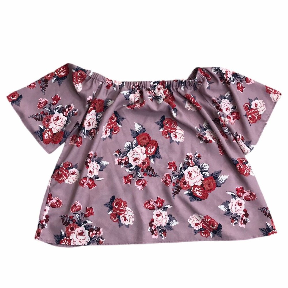 Womens Juniors Sheer Blouse Mauve Floral Large L Off Shoulder Flutter Sleeve - Picture 11 of 11